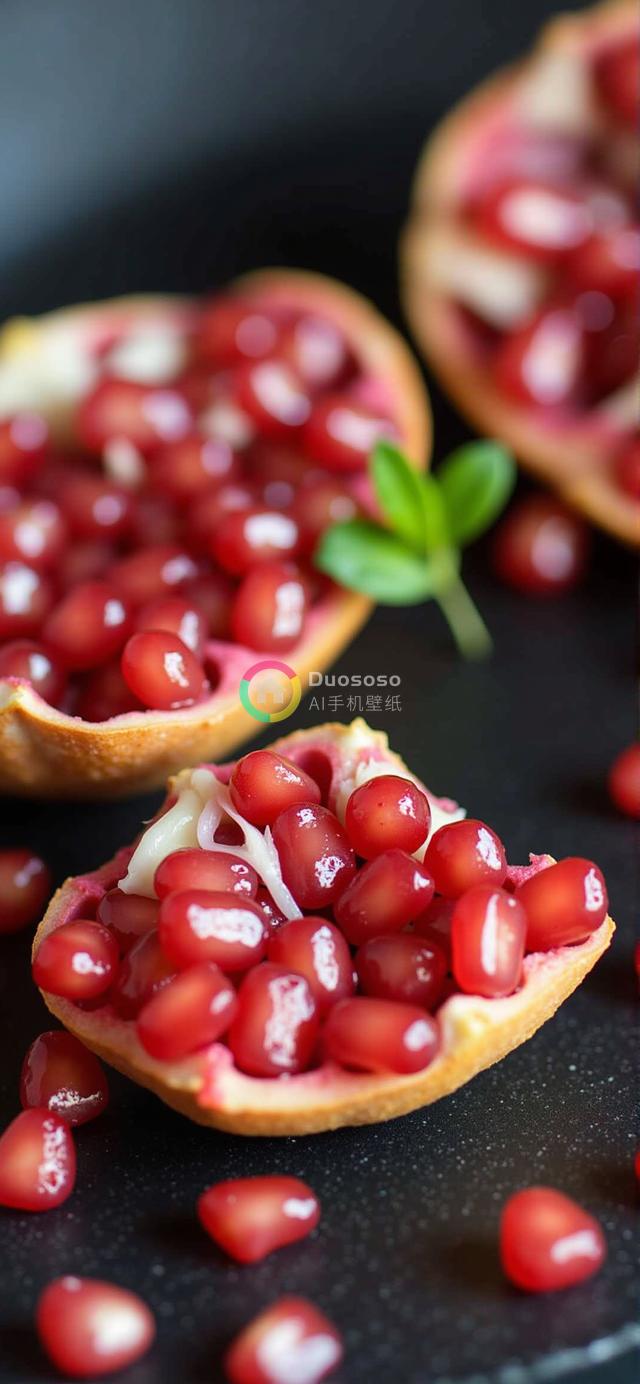 近距离展现温暖色调下的石榴纹理与鲜润