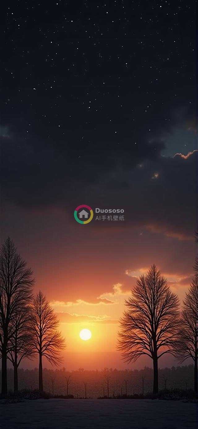 宁静冬日落日余晖：温暖橙光映雪地，星空裸树映夜空