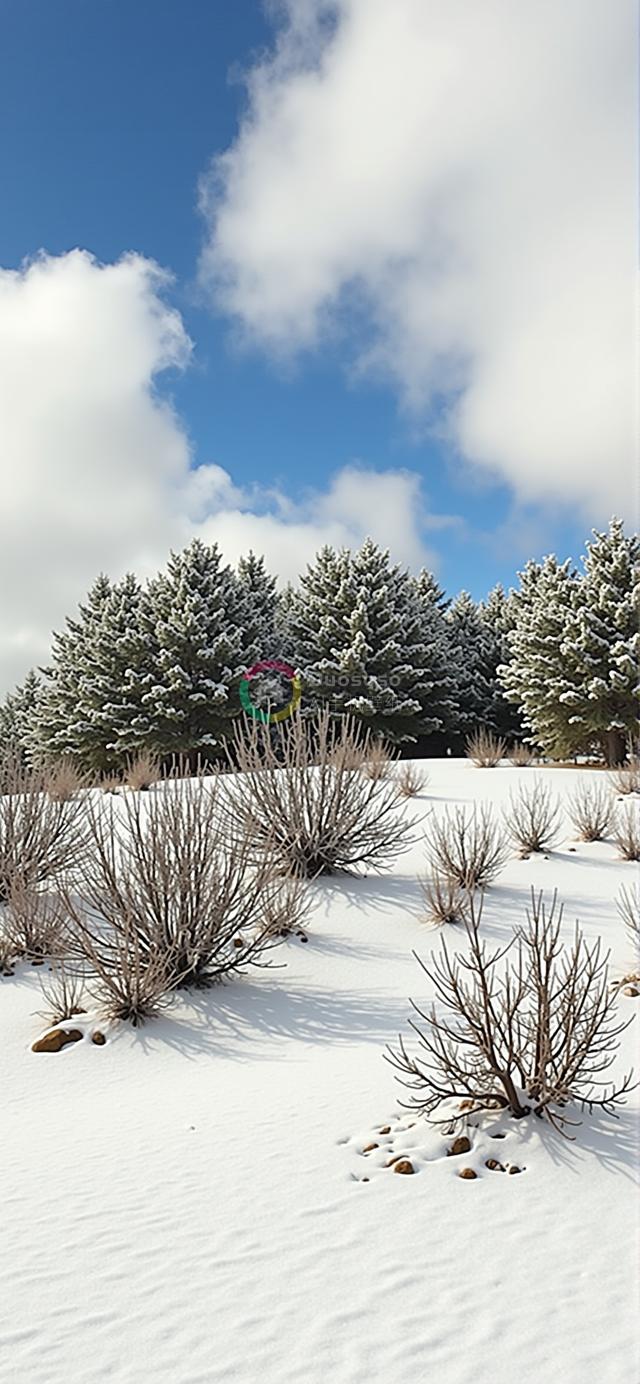 宁静冬日风光：雪覆盖大地与常青树映衬蓝天白云