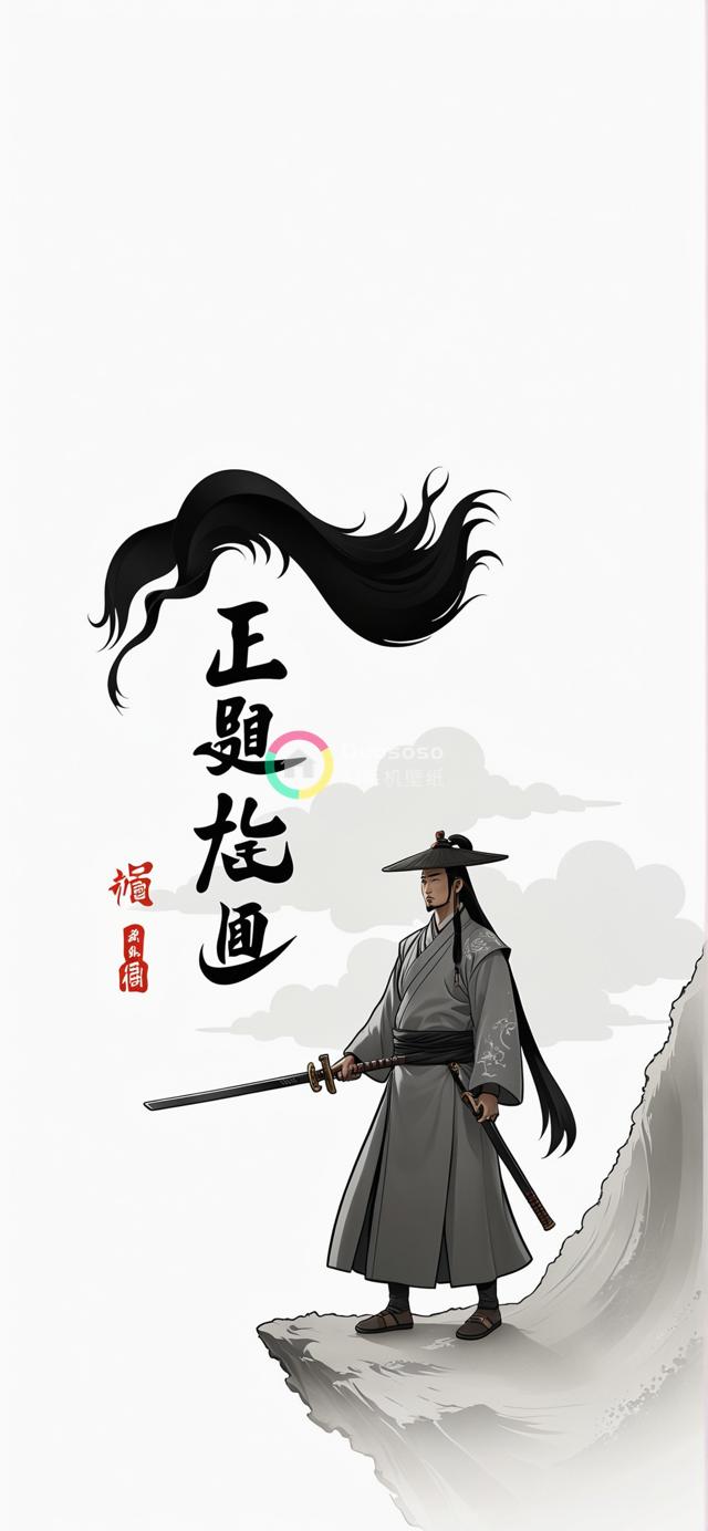 东方侠客悬崖壁立：古典水墨风格下的宁静与力量