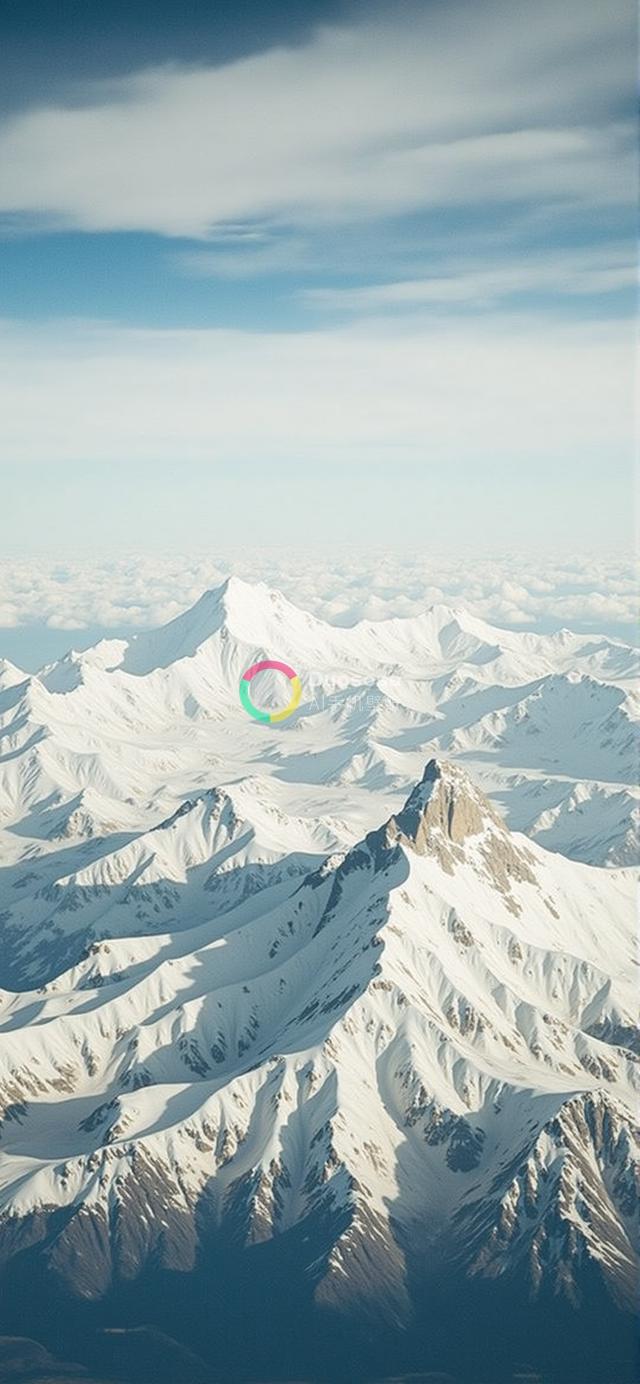 雪覆盖壮丽山脉的空中摄影：锐利峰巅与光影交错