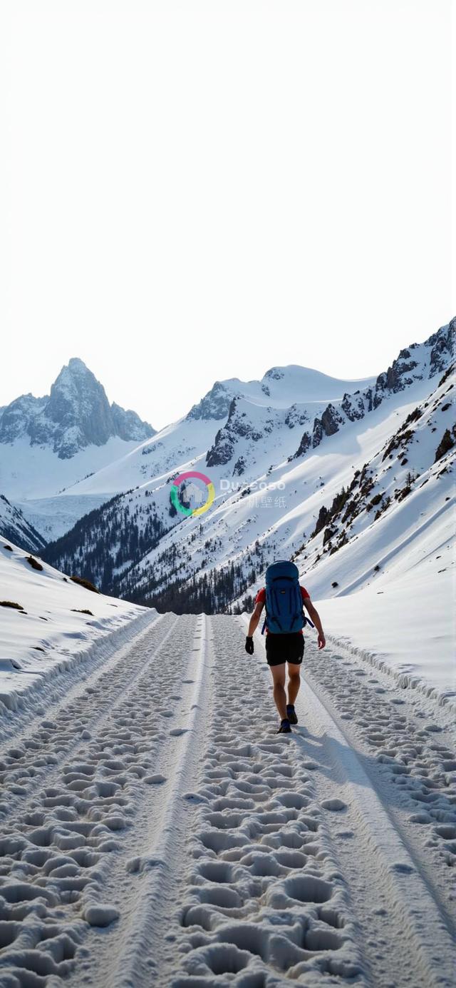 雪地徒步者迈向壮丽山脉的孤影