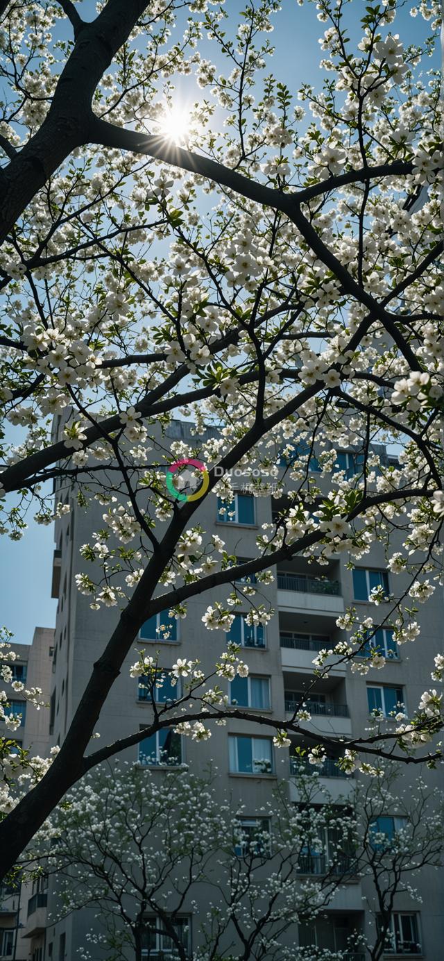 城市春色：透过白花盛开的树枝仰望天空的生机与建筑之美
