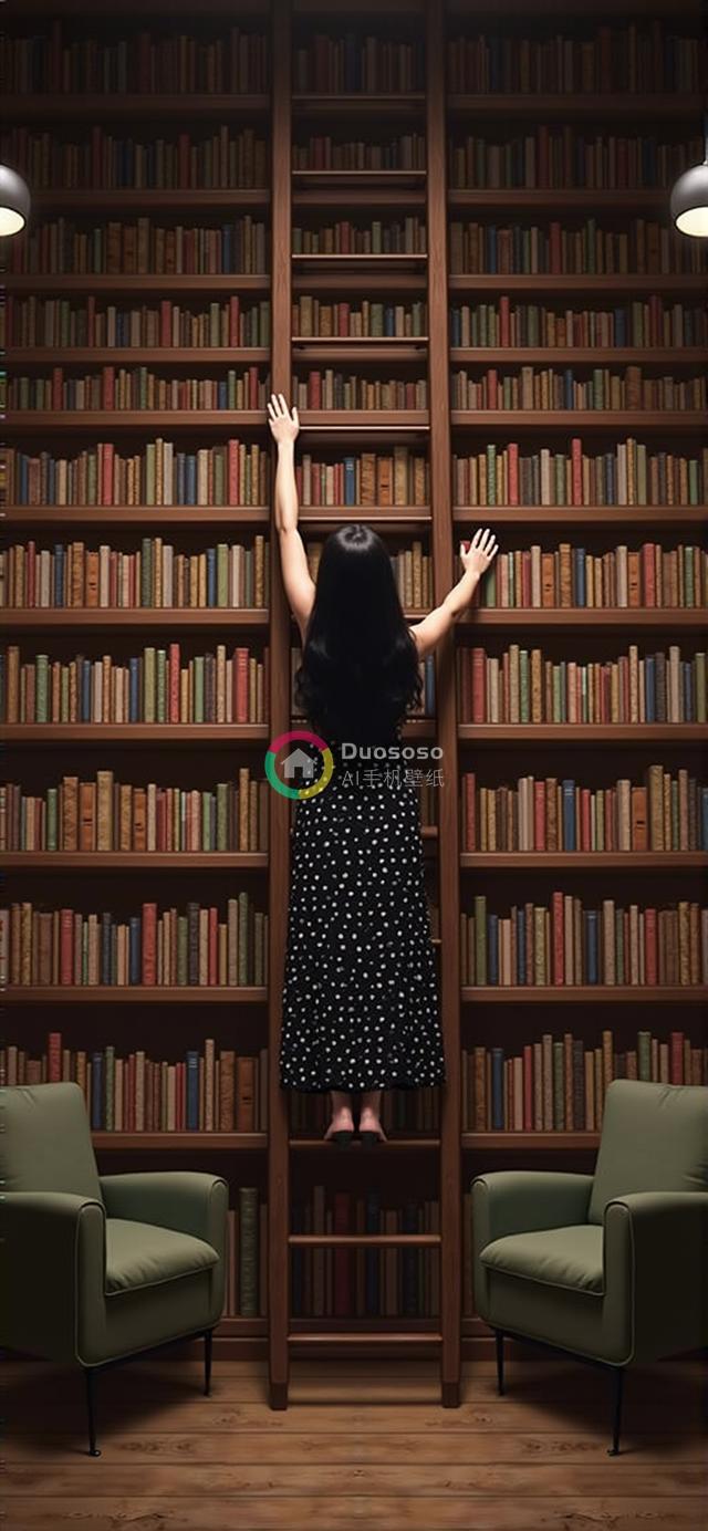 图书馆里的探索者：黑点裙女子与书海之间的求知之旅