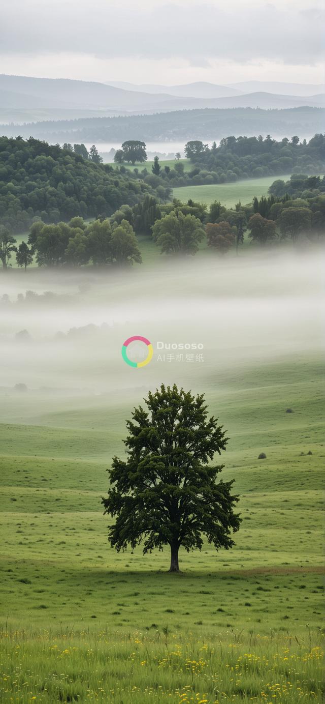 宁静雾境中孤树映碧野：一幅深浅绿灰的静谧风光