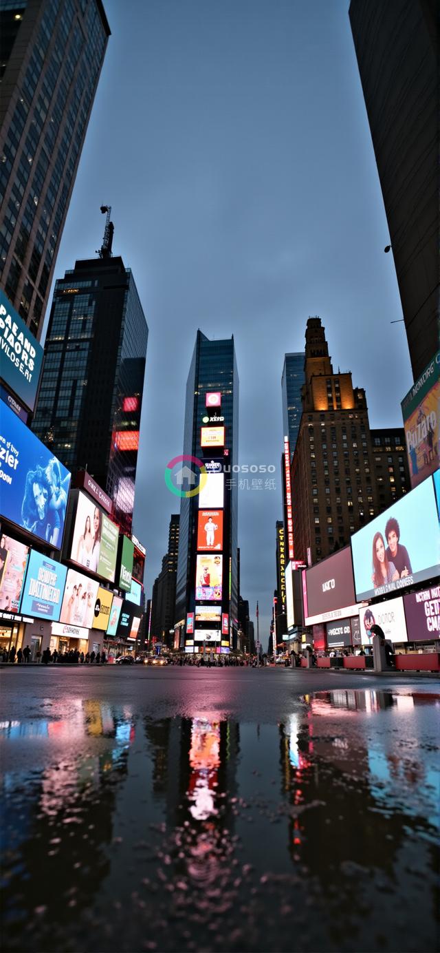 暮色中雨后的时代广场：摩天大楼与炫彩广告牌的动感倒影