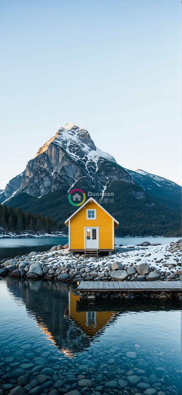“宁静湖畔黄色船屋美景：雪峰倒映的宜人风光”