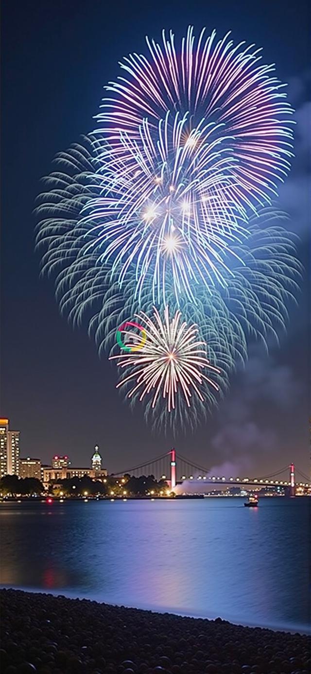 夜幕下城市天际线上的璀璨烟花摄影：色彩斑斓的烟火盛宴与灯光映照的跨海大桥