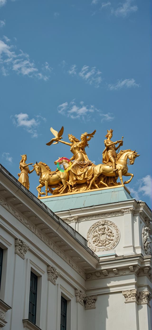 金马女神雕像耸立蓝云之下：建筑艺术与雕塑辉煌的交融