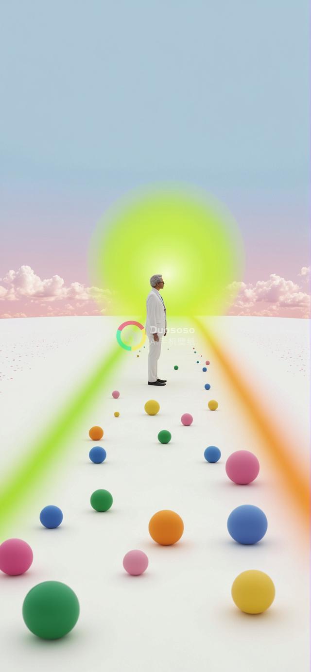 白装男子自我探索之旅：踏彩球路径追寻希望之光