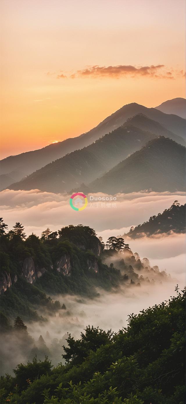 迷雾山脉惊艳日出：橙霞映空，绿意葱茏，静谧山峰绘自然之美