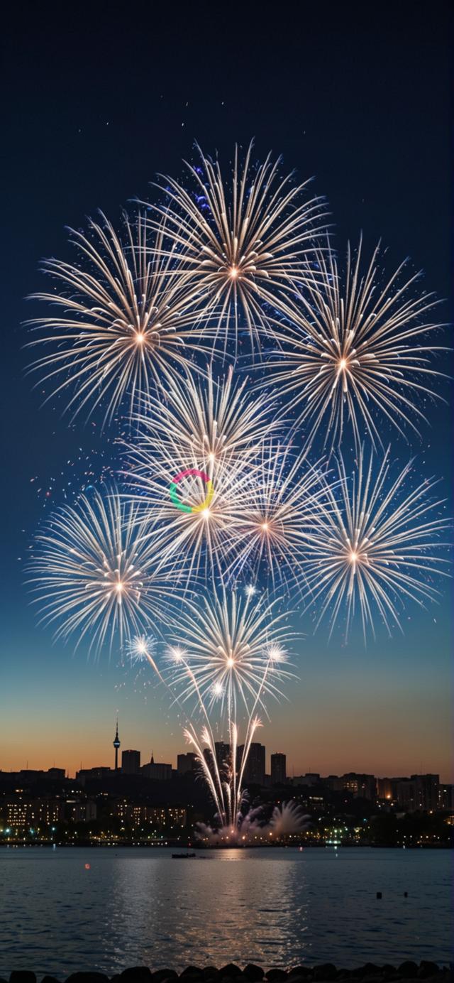 水上倒影中的城市天际线烟花盛宴摄影