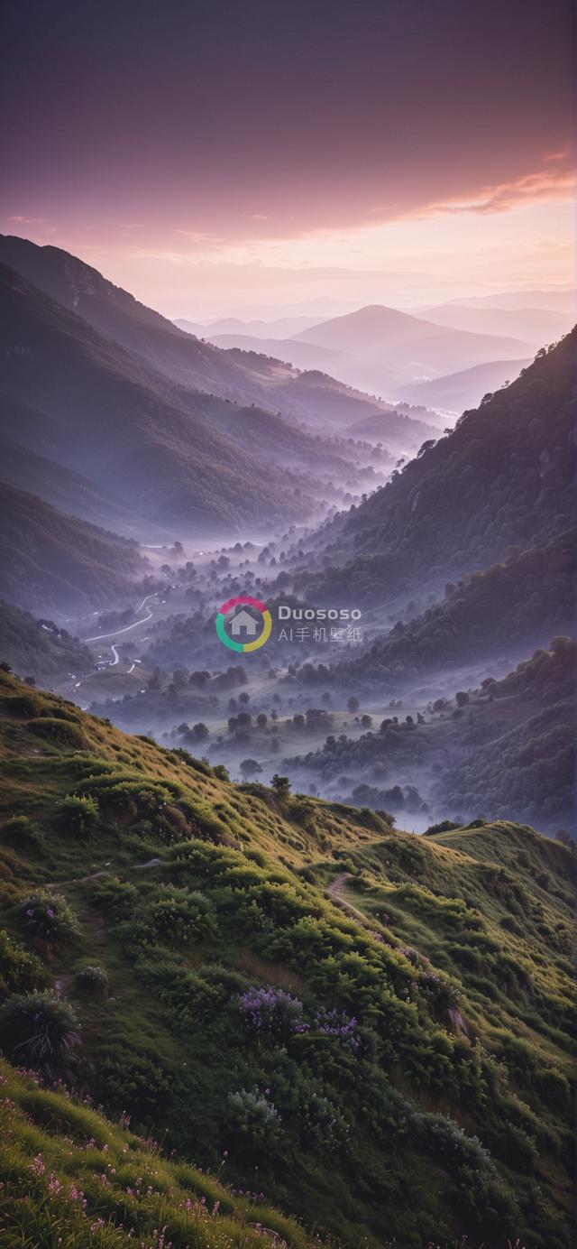 晨光中的翠绿山谷：全景画卷与迷雾蜿蜒之路