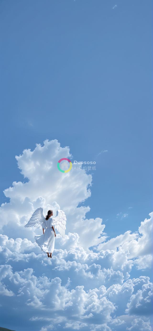 云端天使梦幻翱翔图：巨大白翼与宁静蔚蓝