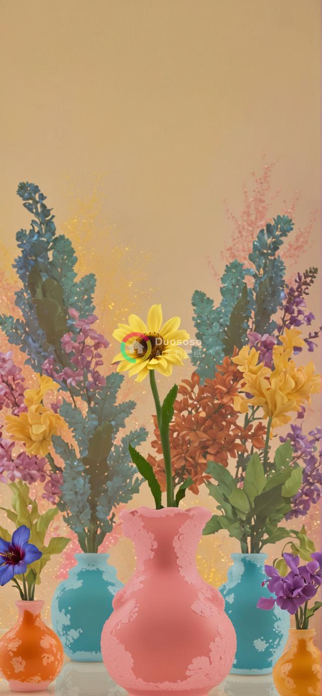 多彩花卉组合渲染图：橘色背景下的和谐花艺布置