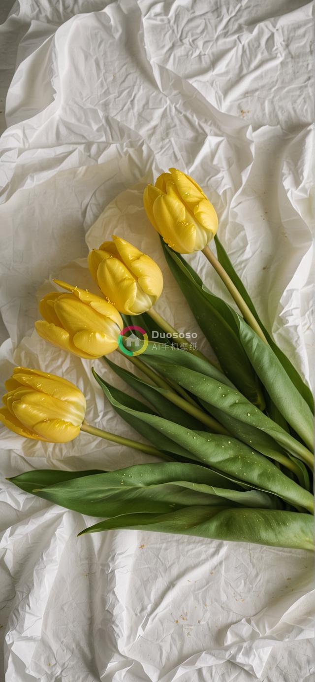 高角度黄郁金香花束摆拍，清新水珠映衬下尽显雅致韵味