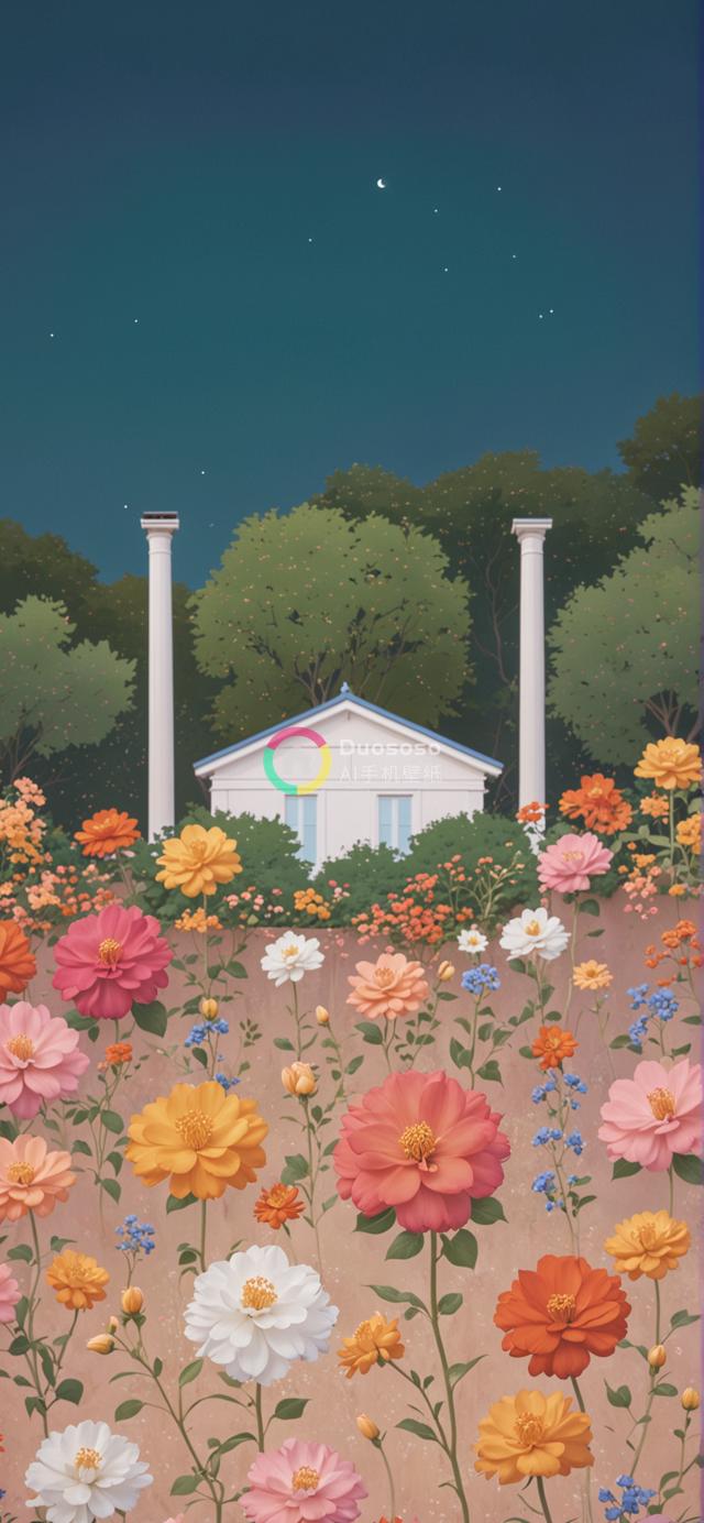 暮色花海中迷人的蓝顶白屋别墅渲染美景