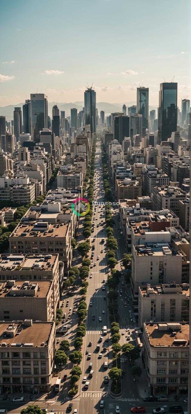 俯瞰繁忙市中心：宽阔大道与高楼林立的壮丽都市风光