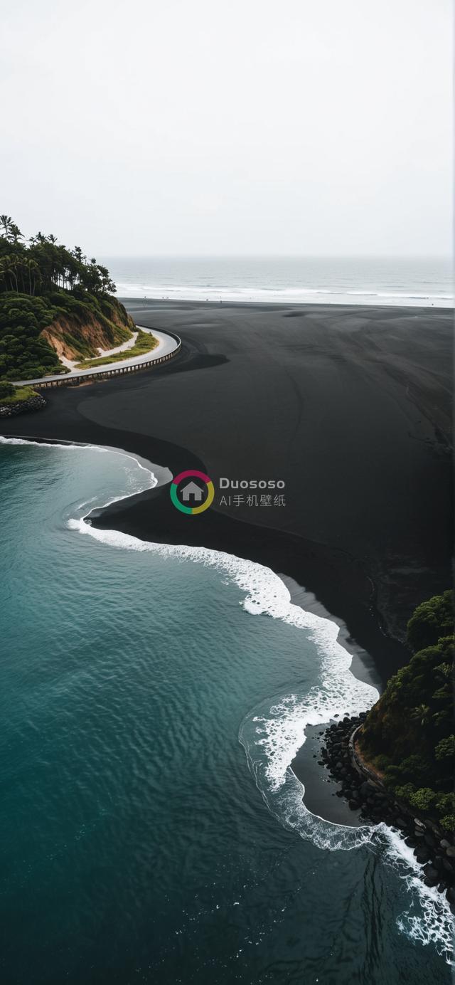 空中视角下的黑沙滩与翠绿山丘海岸线美景