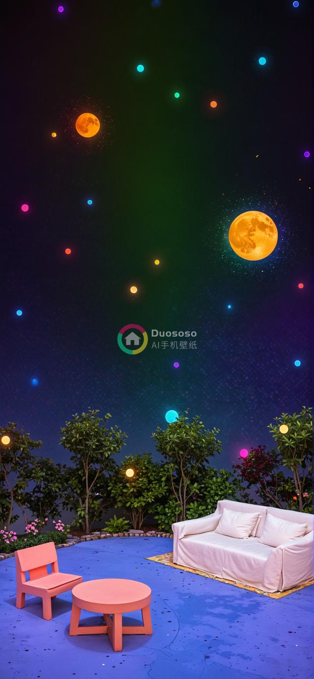 幻想户外景致：星光闪耀下的蓝地板与彩色发光球魔法氛围