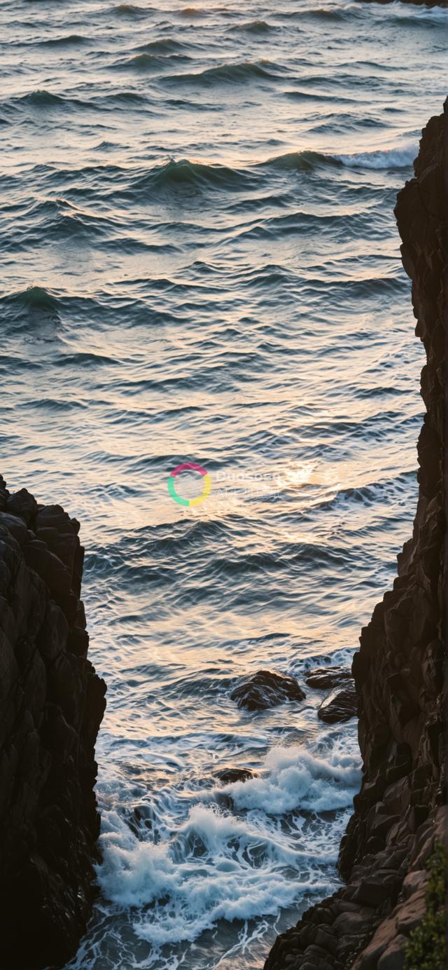 野性之美：落日余晖下双色海浪在崎岖悬崖间涌动