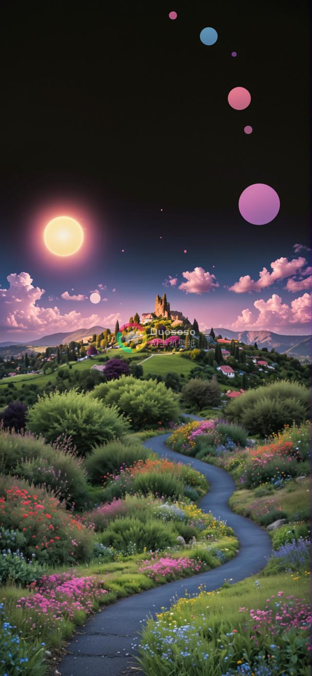 奇幻风光：蜿蜒花径通往中世纪城堡的魔幻山水