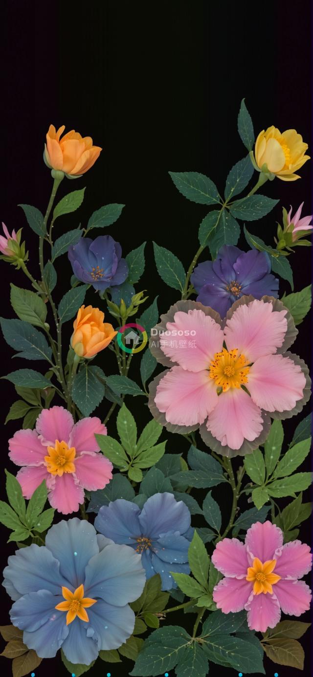 黑色背景下缤纷多彩鲜花组合绽放的摄影作品