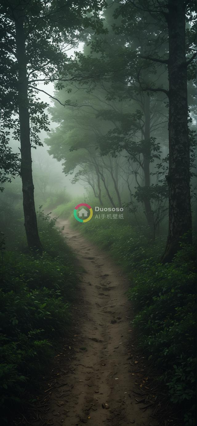 迷雾笼罩下的绿意盎然：幽静密林蜿蜒小径
