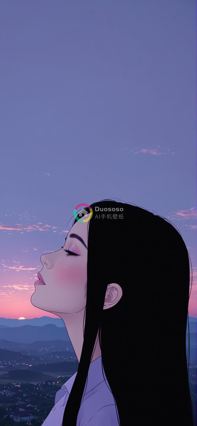 《黑发女子闭目享受壮丽日落，宁静与和平的山川夜景画》