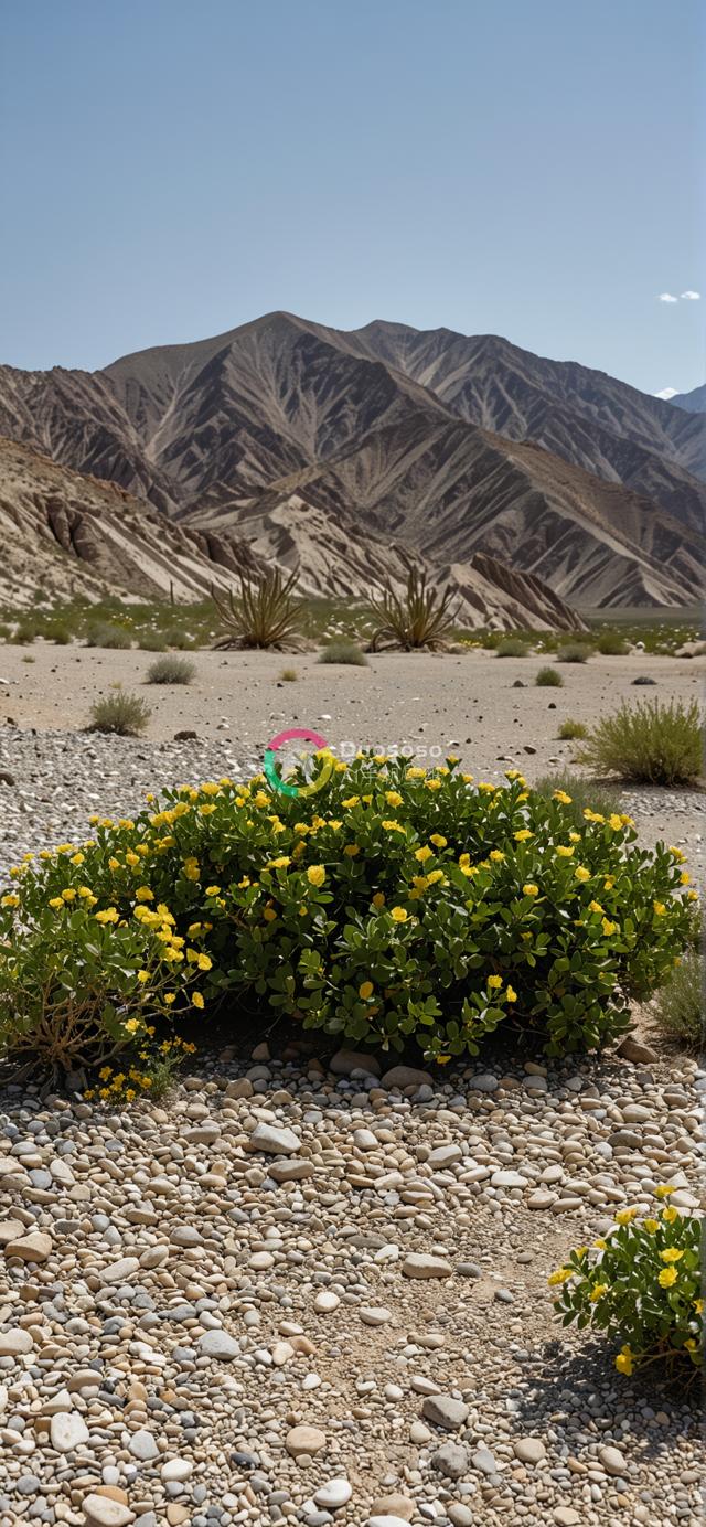 沙漠风光中盛开的明黄灌木摄影，对比山脉与广阔景观的壮丽画面