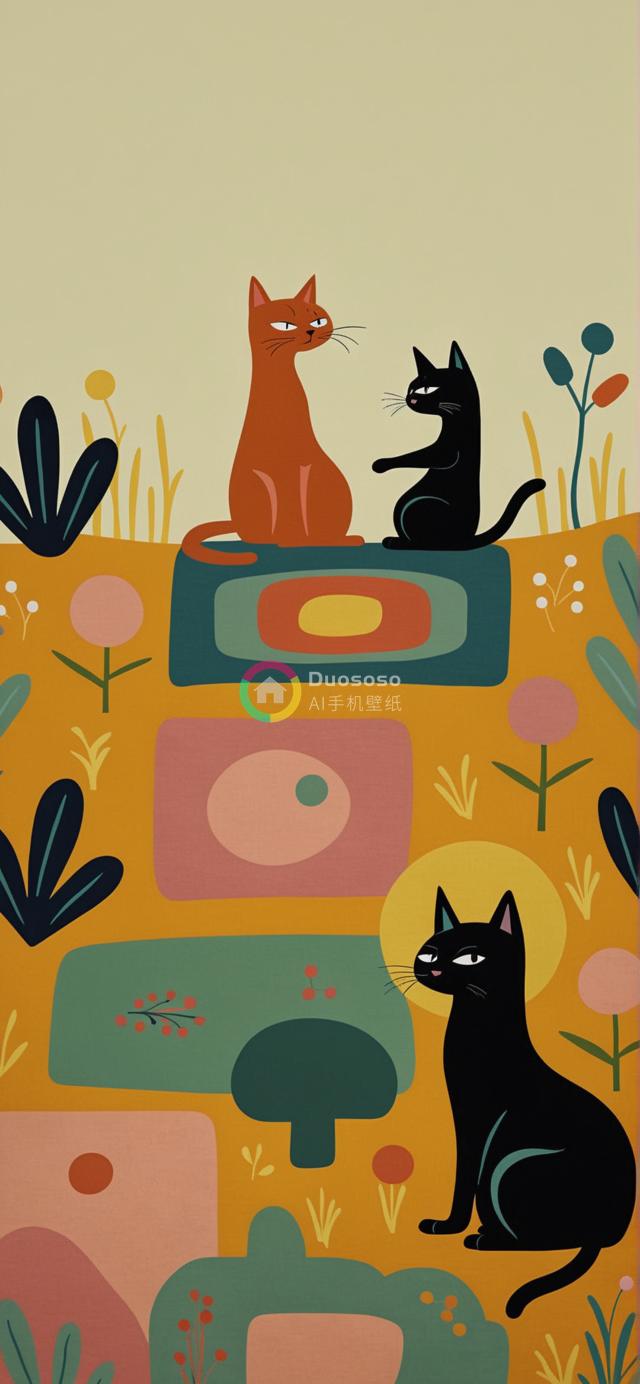 三猫抽象背景下的趣味对峙：简约设计与有限色块的插画