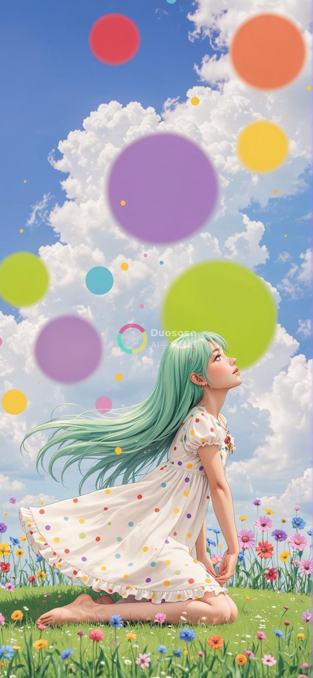 绿发少女花海中跪坐，梦幻画面渲染彩色天空