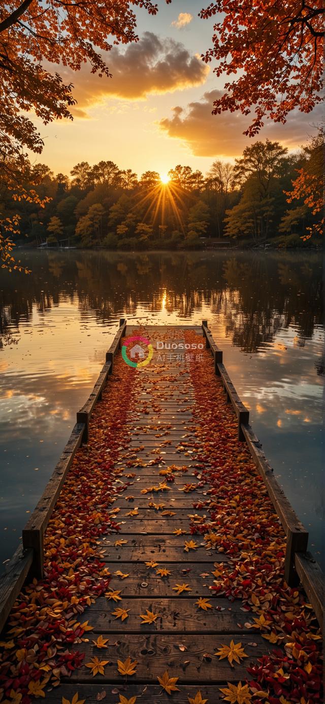 落日余晖下金色秋叶覆盖木栈桥的宁静湖景摄影