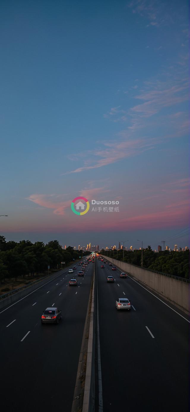 黄昏时分俯瞰城市天际的高速公路摄影：宁静而略带忧郁的氛围