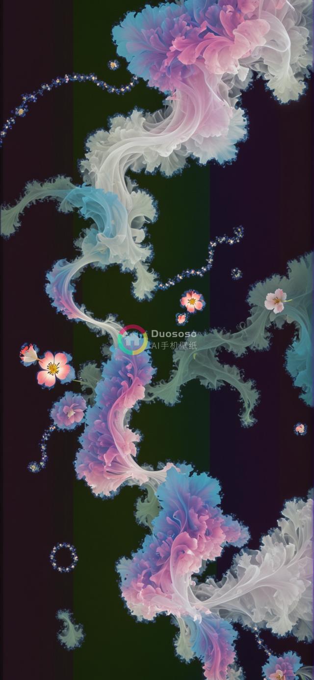 粉色、蓝色与白色抽象旋涡形图案在深色背景中翩翩起舞