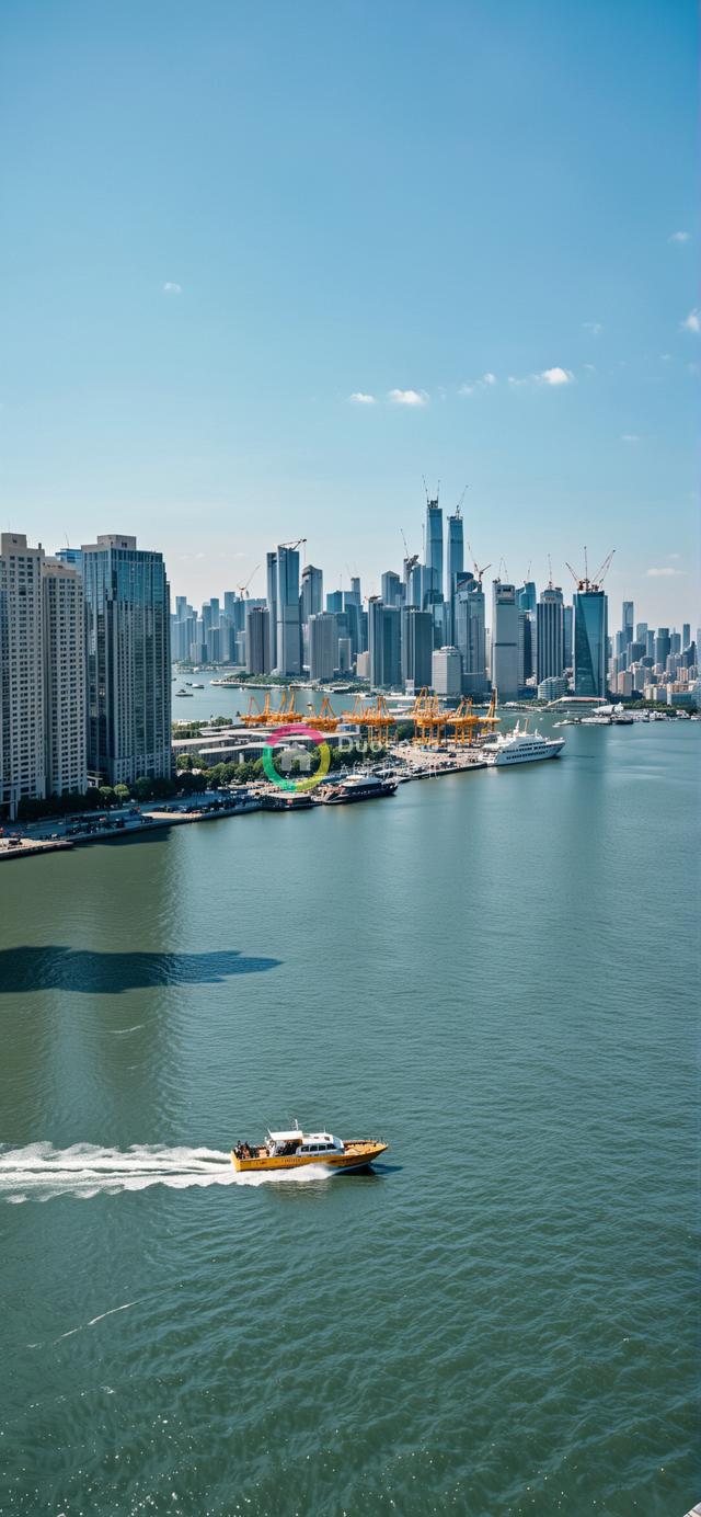 高空俯瞰：动感都市与宁静水岸的壮丽全景