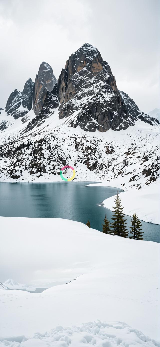 低角度拍摄雪覆盖山川与冰川湖的壮丽风光