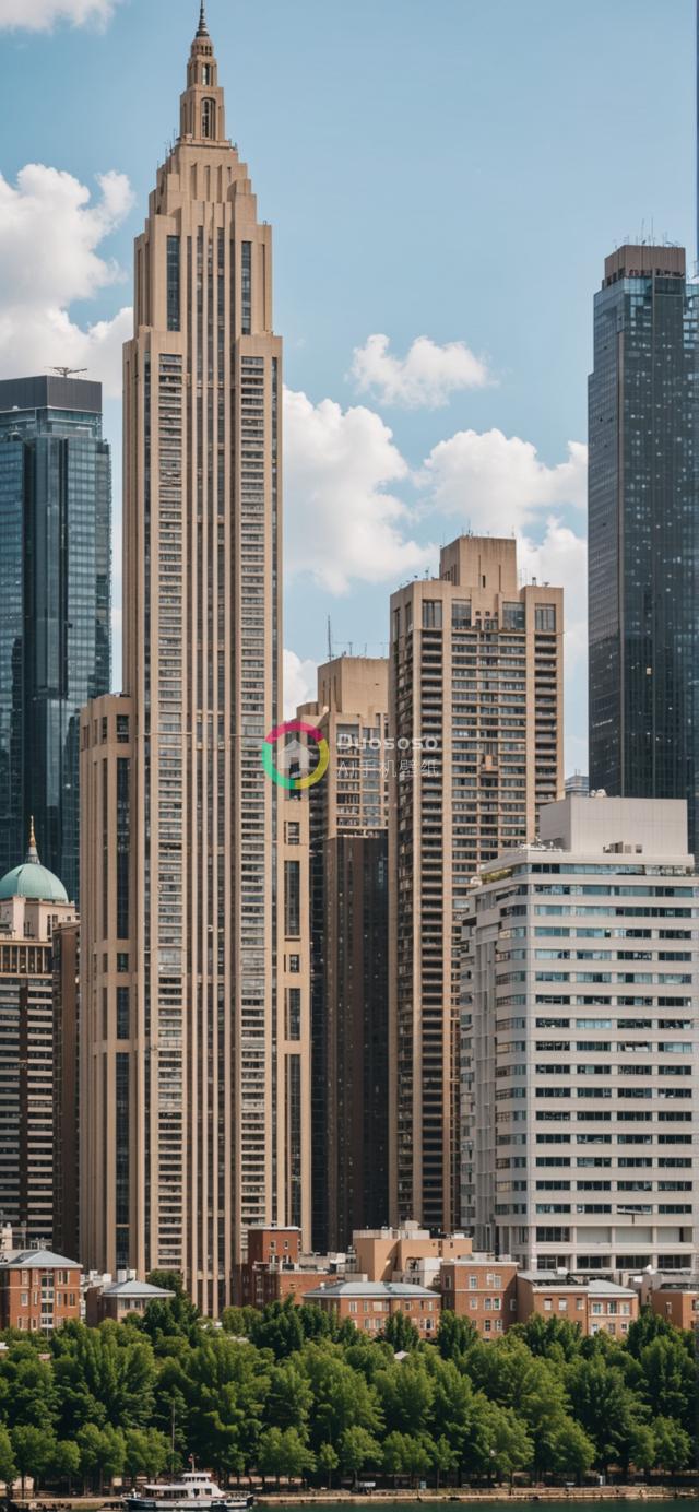 晴空下现代化高楼集群摄影，中心尖顶摩天楼熠熠生辉