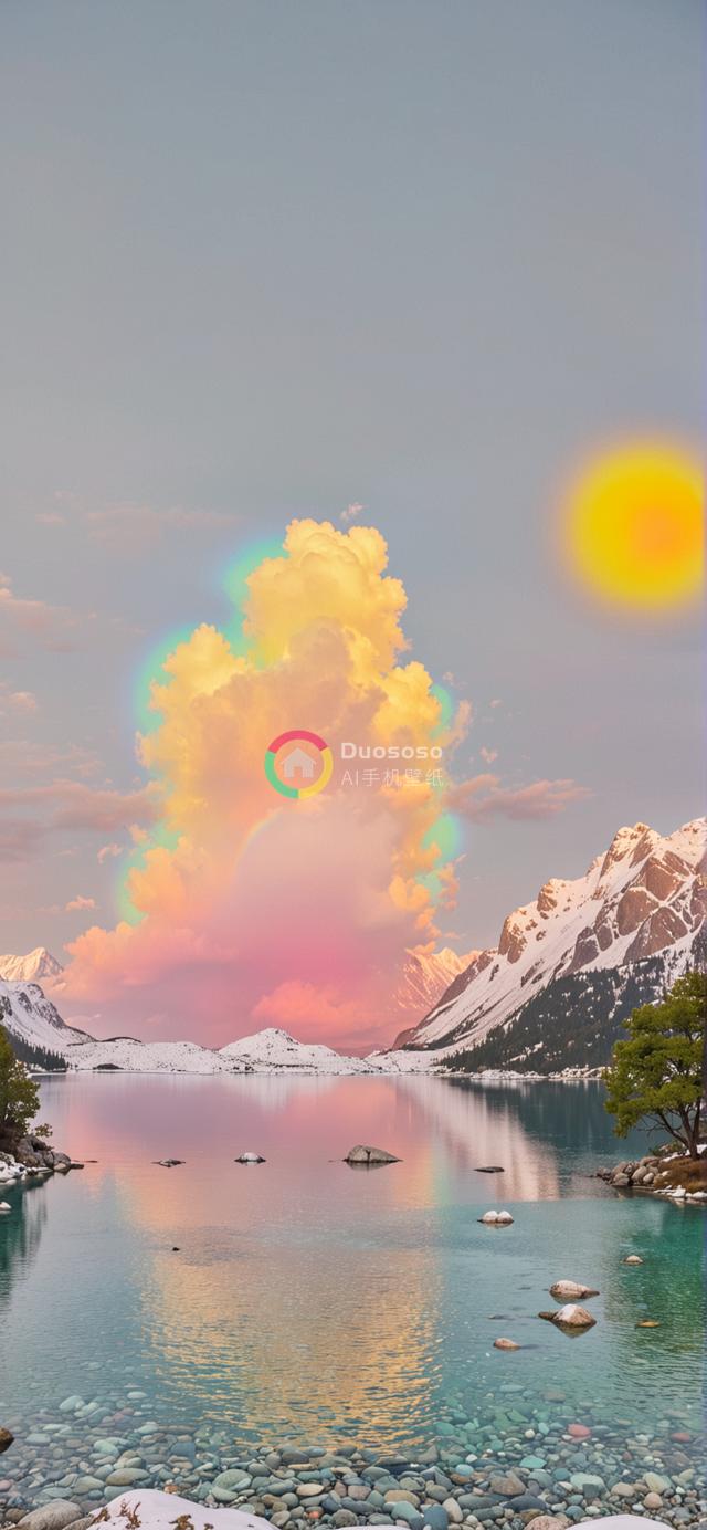 日落时分的宁静雪山湖光：雪峰倒映碧水，彩霞漫天映彩虹