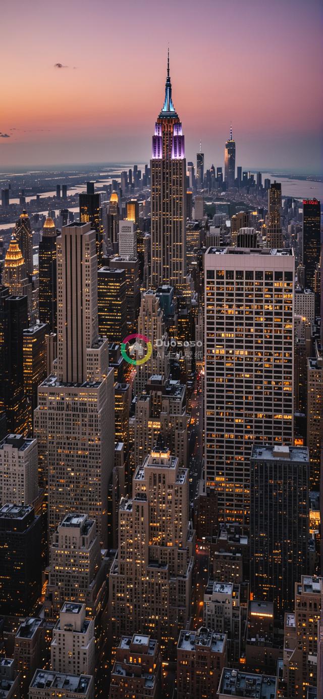夜幕降临下的纽约天际线：紫色帝国大厦鸟瞰摄影