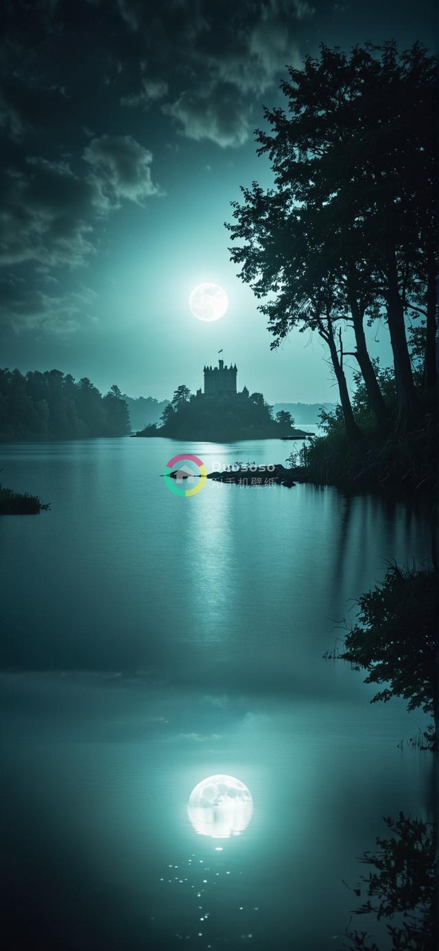 夜幕下湖心岛中世纪城堡的神秘蓝调镜像