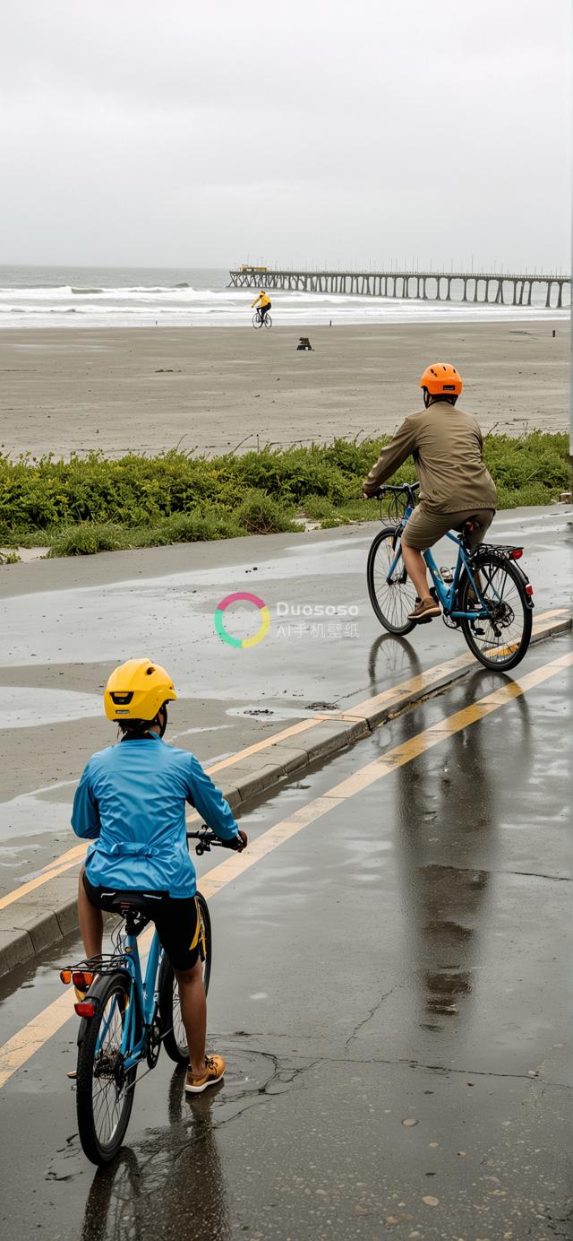 海滩旁骑行者身影：灰绿海浪与阴沉天空下的动感画面