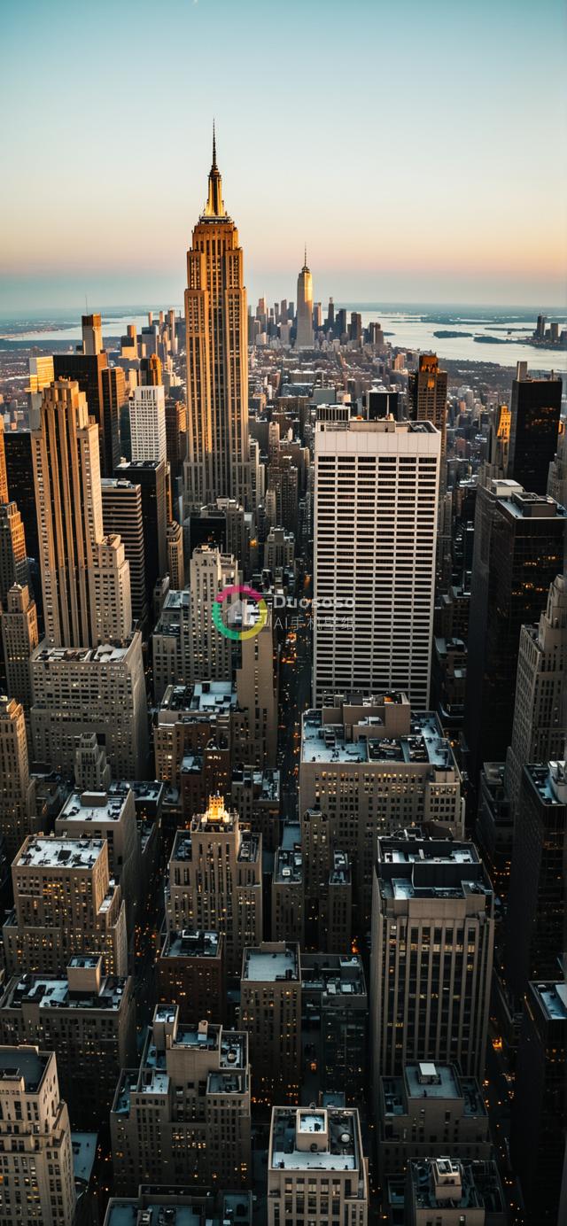 纽约城市天际线落日余晖下的高空摄影