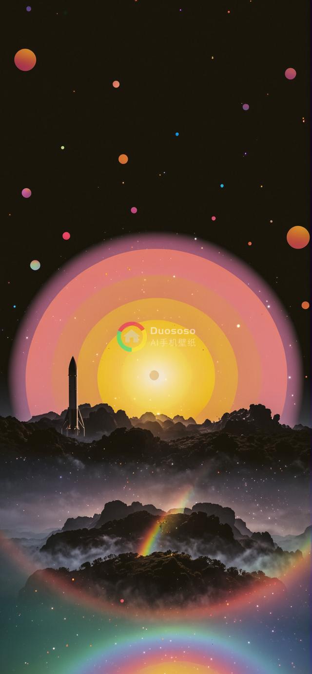 蓄势待发火箭映彩虹：现实主义与图形设计交融的梦幻启航画面