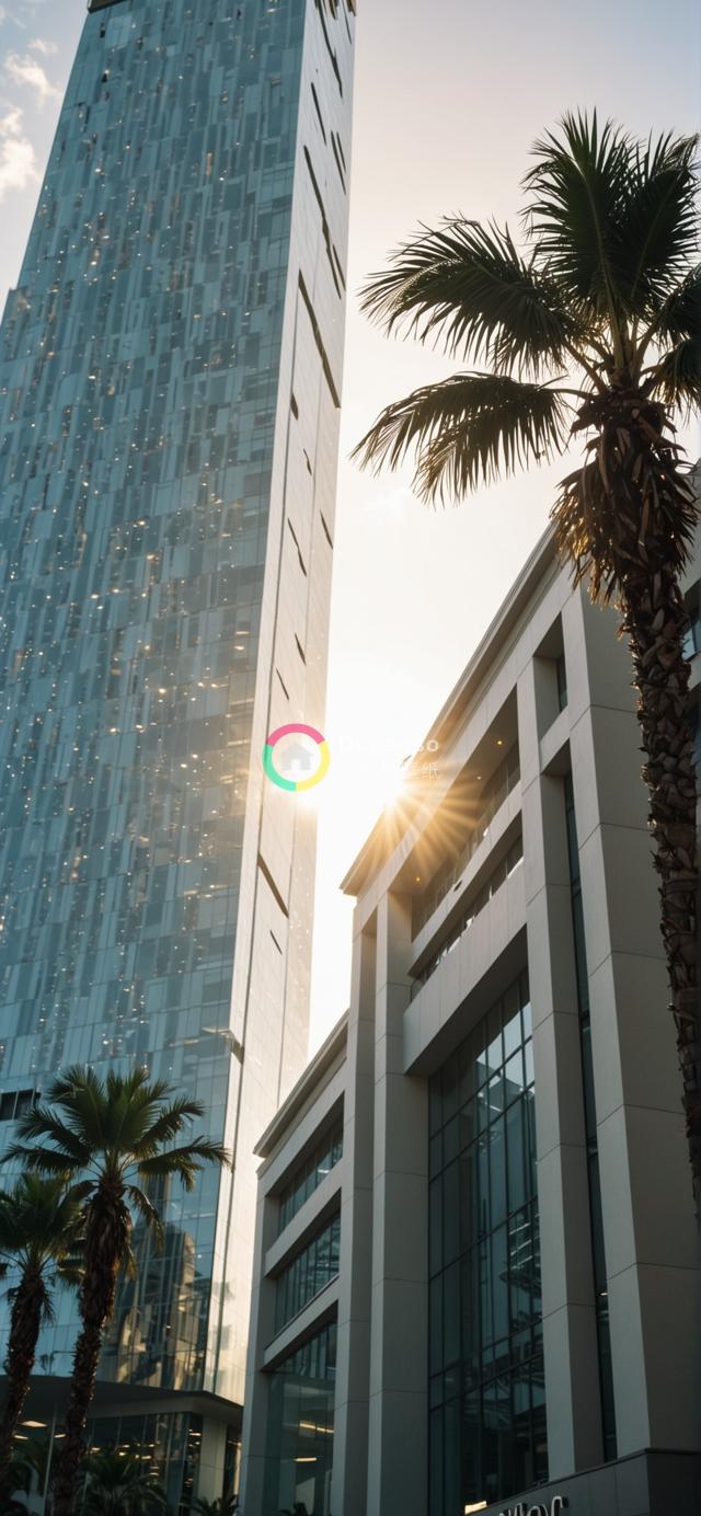 低角度现代建筑与棕榈树光影摄影：摩天大厦与简约建筑共融热带都市风