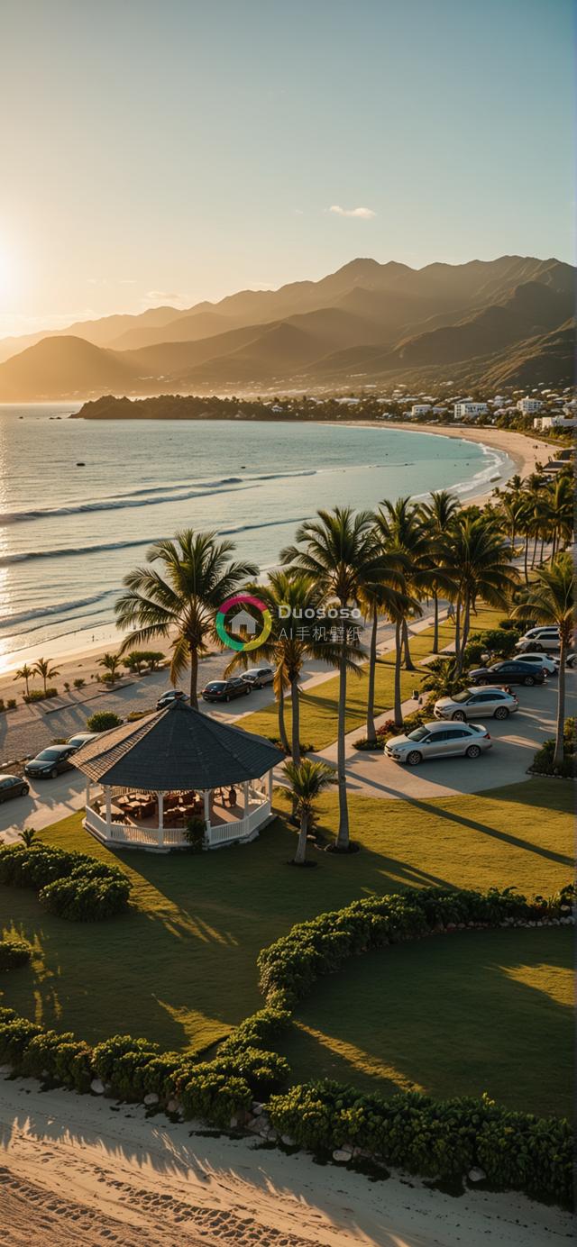 夕阳下宁静的海滩度假村：高空视角下的奢华海岛风情