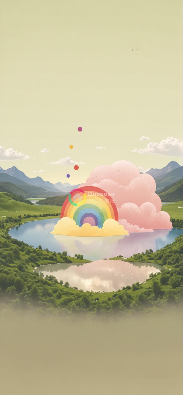 梦幻般彩虹湖景：粉黄云间静谧倒影，柔和色调唤起童真与超现实宁静