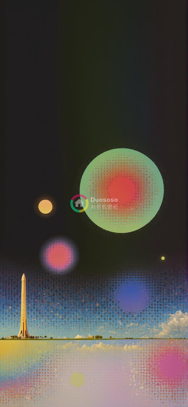 未来复古风格景观：天际星球映衬下的火箭塔与幻彩天空