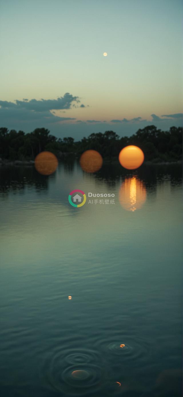 暮色Twilight湖畔：宁静湖水映霞光，天际橙蓝月影高