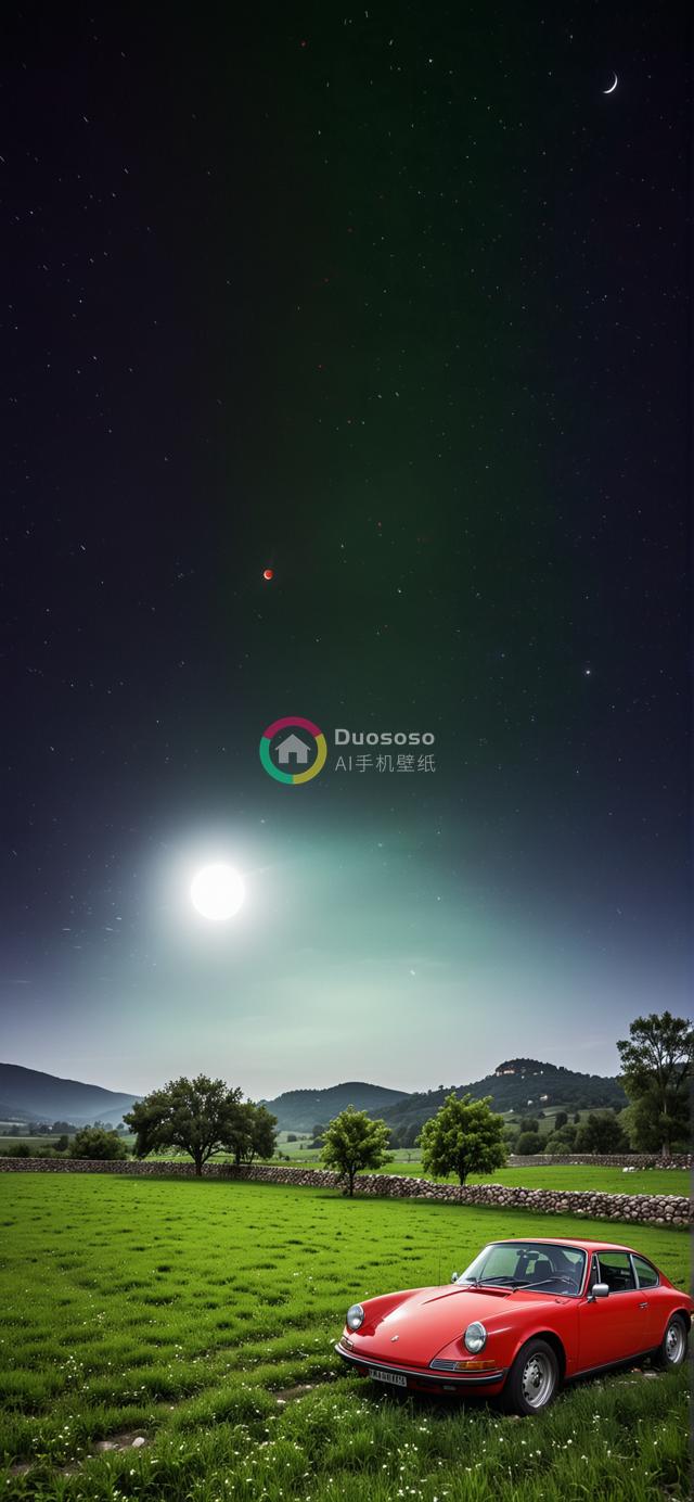 暮色草原上的经典红色保时捷911：星光血月下的画卷